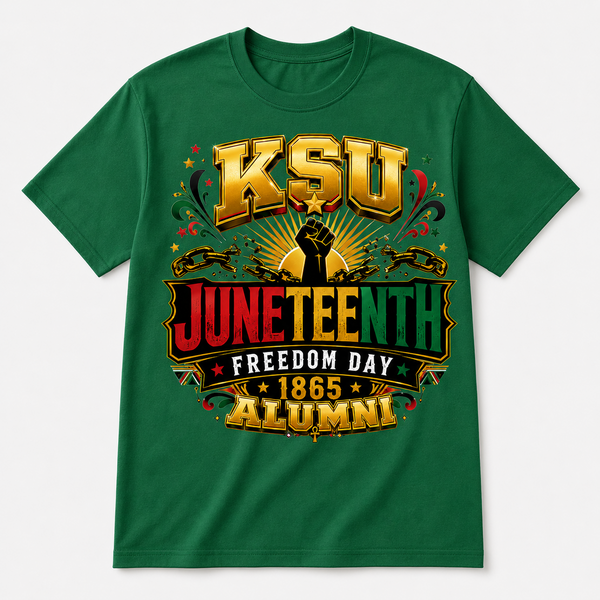 Green KSU Juneteenth Freedom Day 1865 Alumni graphic t-shirt, crew neck