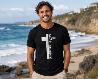 I Can Do All Things Through Christ Men’s T-Shirt, Christian Cross Faith Shirt, Philippians 4:13 Inspirational Tee