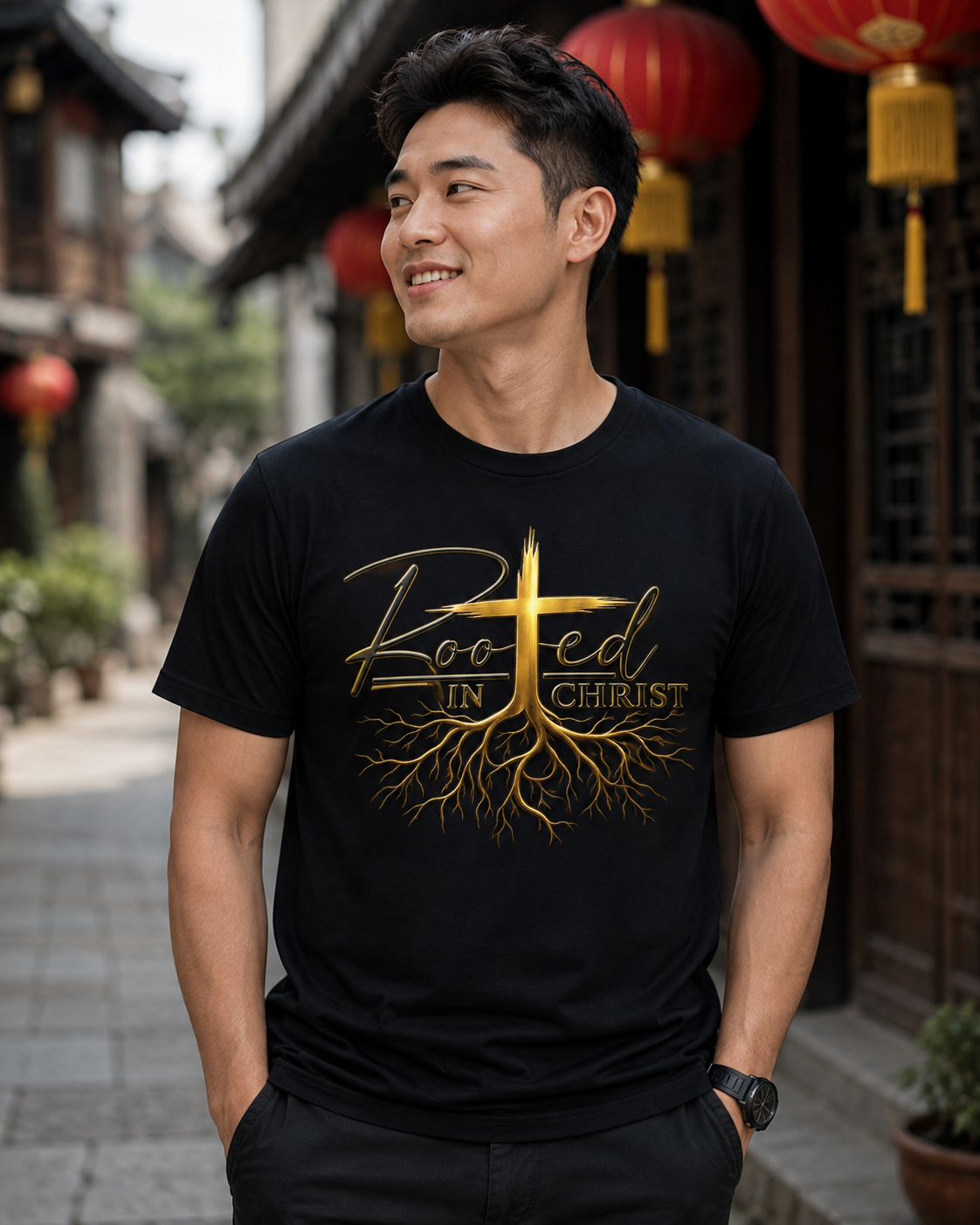 Rooted in Christ – Christian Faith Cross & Roots Unisex T-Shirt for Men and Women