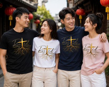 Rooted in Christ – Christian Faith Cross & Roots Unisex T-Shirt for Men and Women