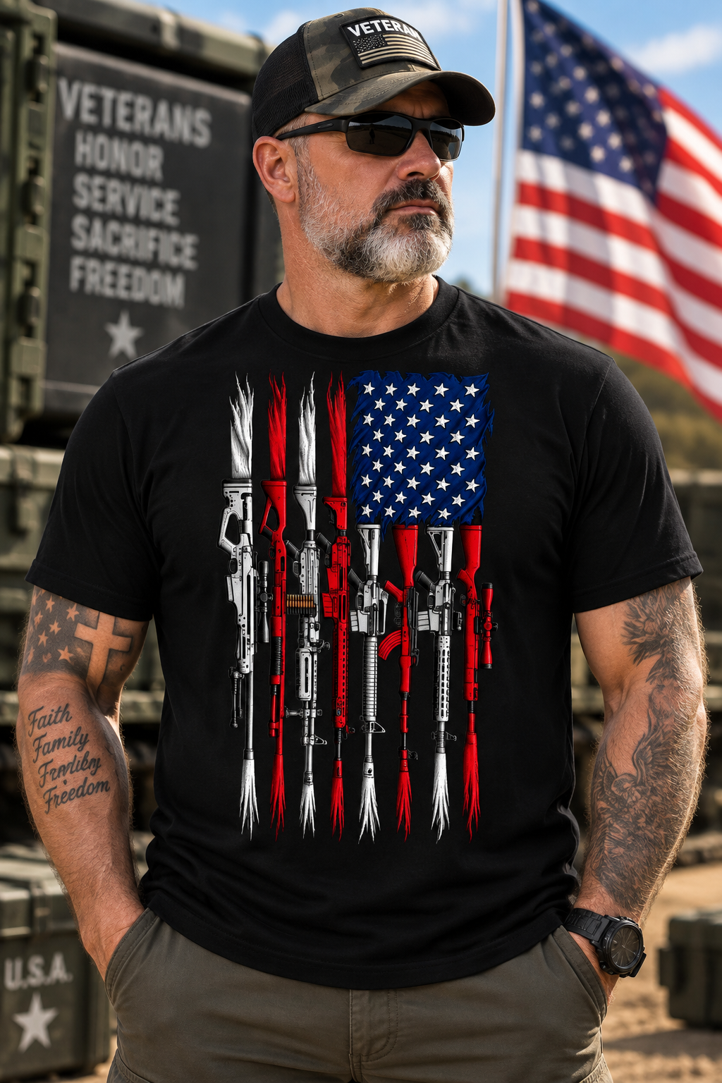 American Arsenal Flag – Patriotic Military Rifle USA Unisex T-Shirt for Men & Women
