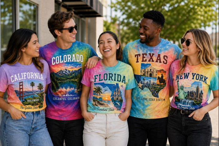 Five friends wearing tie-dye t-shirts with state-themed designs outdoors.