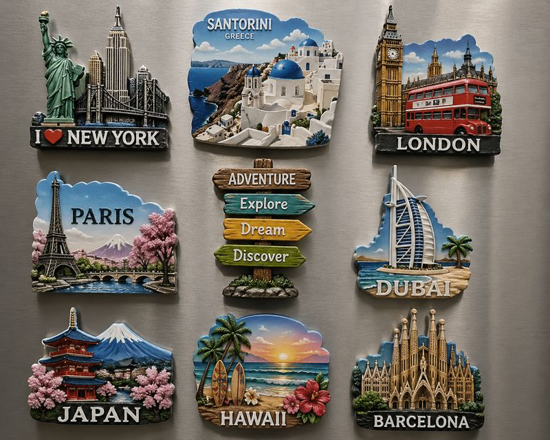 Collection of travel-themed magnets on a metallic surface