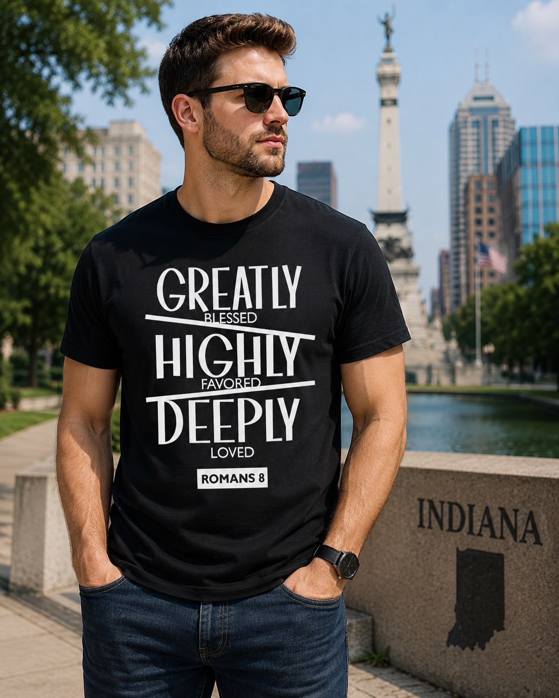 Greatly Blessed Highly Favored Deeply Loved Unisex Christian T-Shirt, Romans 8 Faith-Based Tee for Men and Women