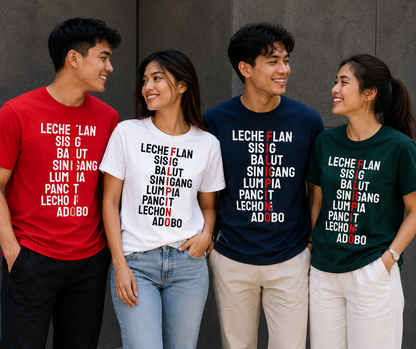Filipino Food Love Unisex T-Shirt, Lechon Adobo Lumpia Pancit Graphic Tee for Men and Women