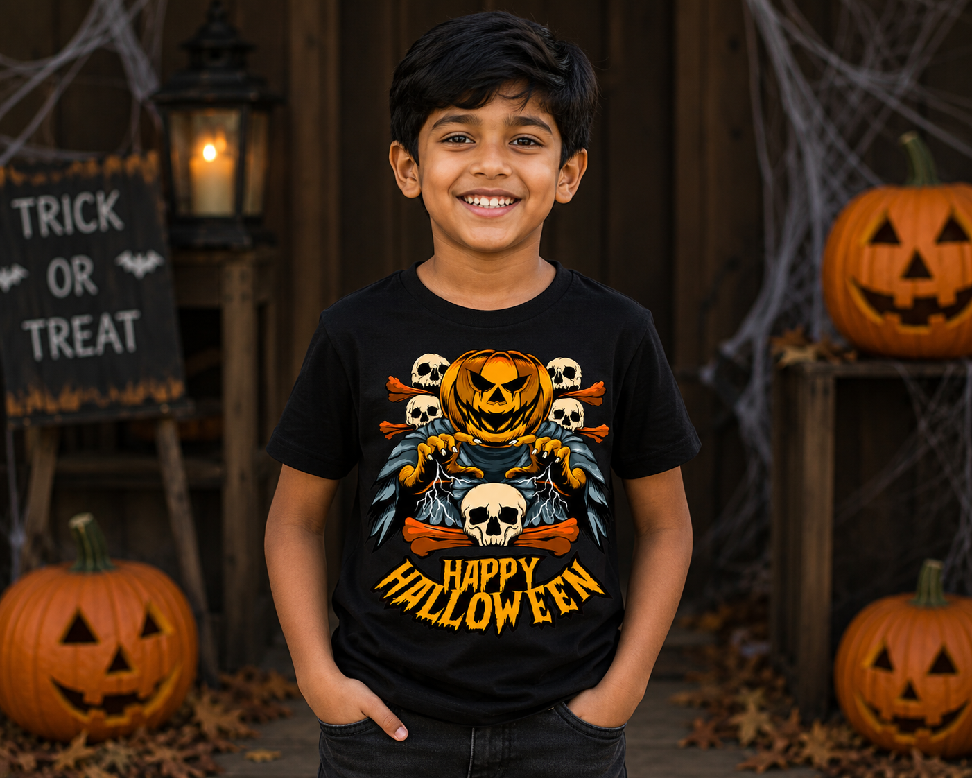 Happy Halloween Pumpkin Skull Kids Unisex T-Shirt for Boys and Girls