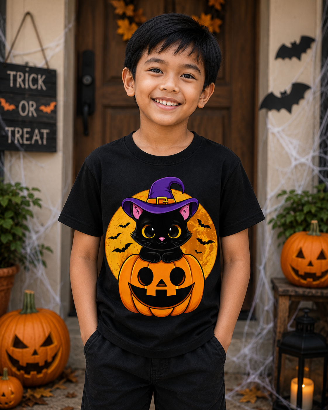 Cute Black Cat Pumpkin Halloween Kids Unisex T-Shirt for Boys and Girls