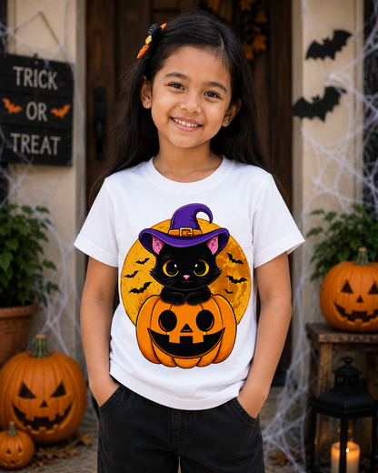 Cute Black Cat Pumpkin Halloween Kids Unisex T-Shirt for Boys and Girls