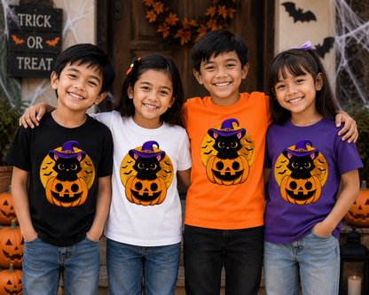 Cute Black Cat Pumpkin Halloween Kids Unisex T-Shirt for Boys and Girls