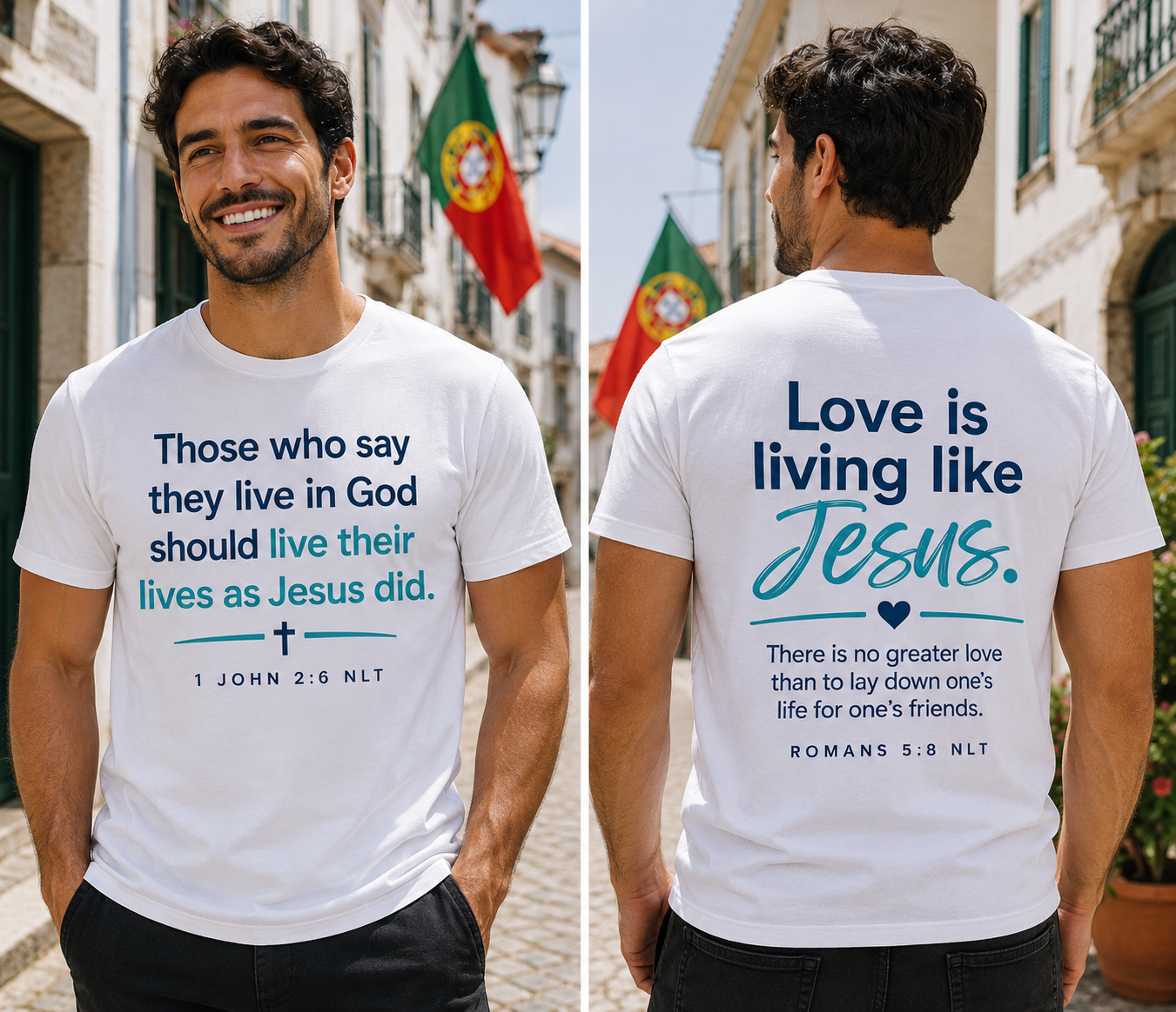 Front & Back Christian Shirt | 1 John 2:6 & Romans 5:8 | Live Like Jesus Faith Graphic Tee for Men & Women