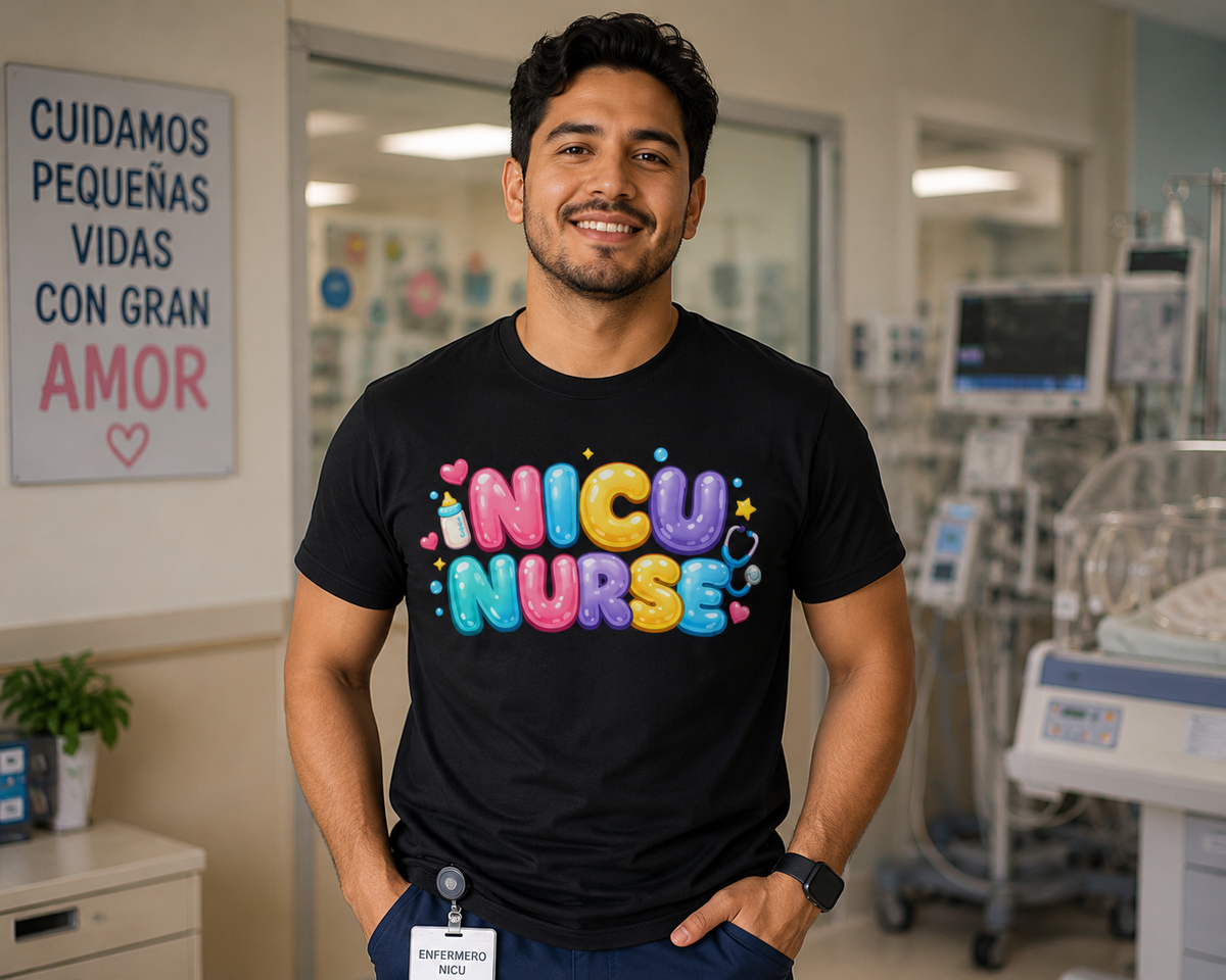 NICU Nurse Bubble Letter Shirt | Colorful Neonatal Nurse Graphic Tee | Healthcare Worker Gift for Men & Women