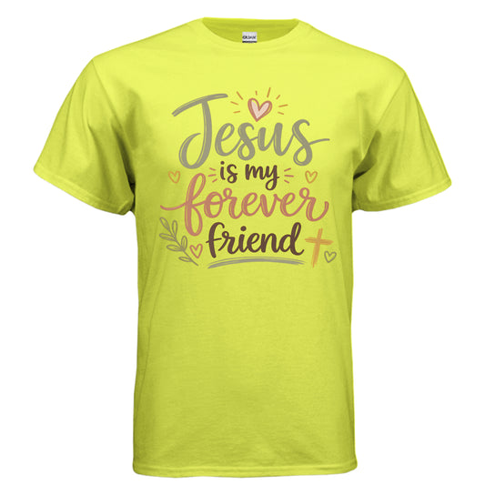 Lime green graphic T-shirt with “Jesus is my forever friend” hearts and cross