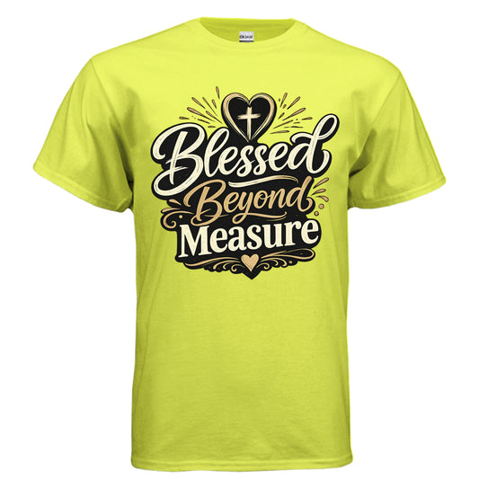 Lime green crewneck graphic T-shirt with “Blessed Beyond Measure” faith design