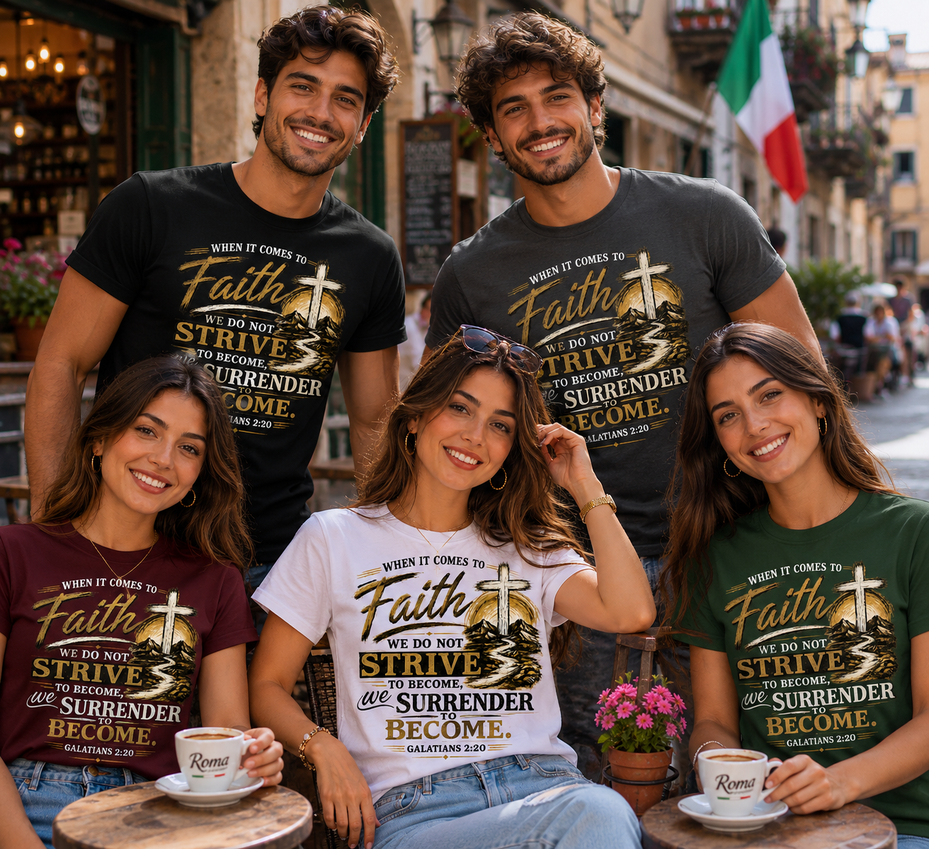 When It Comes to Faith, We Do Not Strive to Become, We Surrender to Become – Galatians 2:20 | Inspirational Christian Graphic Tee | Faith Based Shirt for Men & Women