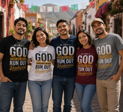 We Serve a God Who Will Never Run Out of Resources | Inspirational Christian Graphic Tee | Faith Based Shirt for Men & Women | Encouraging Bible-Inspired T-Shirt