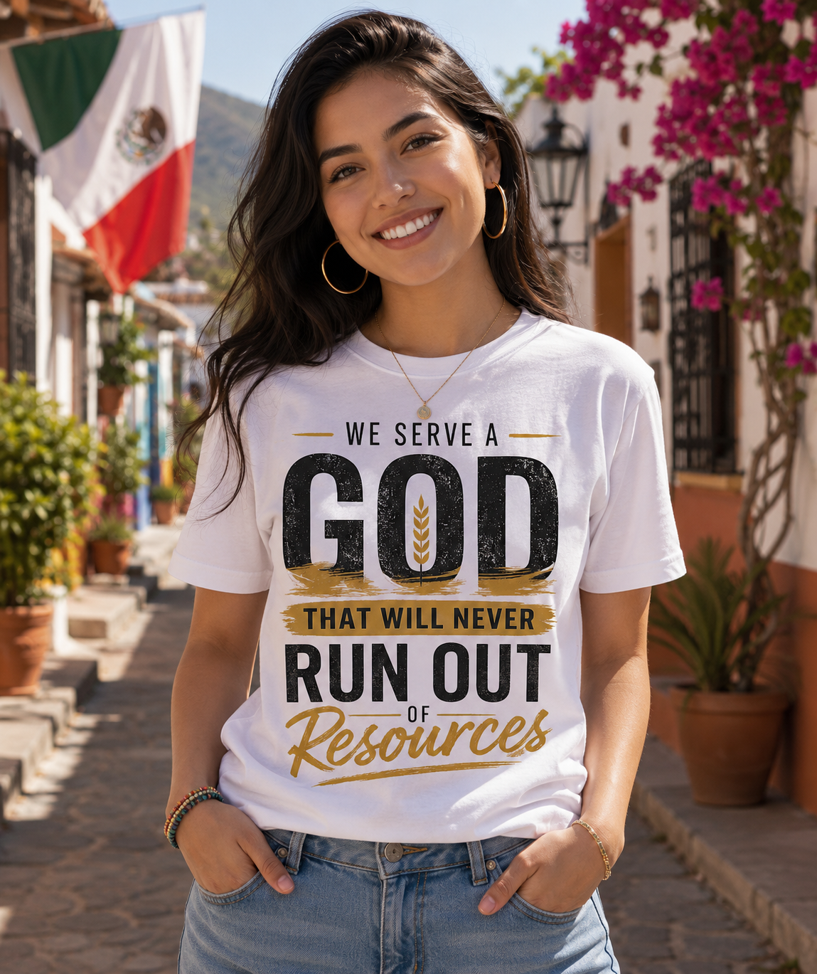 We Serve a God Who Will Never Run Out of Resources | Inspirational Christian Graphic Tee | Faith Based Shirt for Men & Women | Encouraging Bible-Inspired T-Shirt