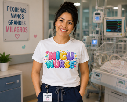 NICU Nurse Bubble Letter Shirt | Colorful Neonatal Nurse Graphic Tee | Healthcare Worker Gift for Men & Women