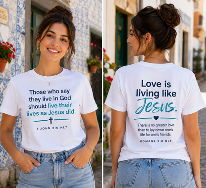 Front & Back Christian Shirt | 1 John 2:6 & Romans 5:8 | Live Like Jesus Faith Graphic Tee for Men & Women