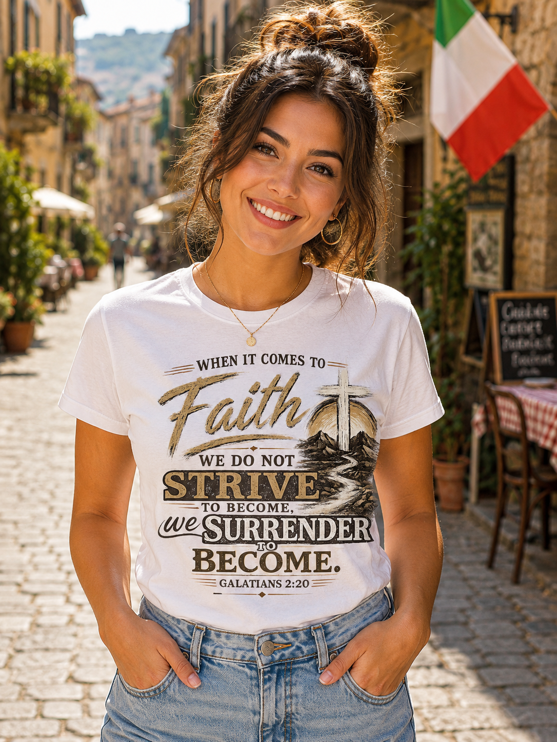When It Comes to Faith, We Do Not Strive to Become, We Surrender to Become – Galatians 2:20 | Inspirational Christian Graphic Tee | Faith Based Shirt for Men & Women